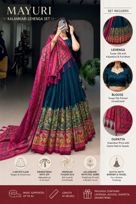 Green Kalamkari Print Tussar Silk blend  Lehenga Choli with Foil Work & Gotta Patti Dupatta 5