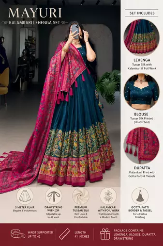 Green Kalamkari Print Tussar Silk blend  Lehenga Choli with Foil Work & Gotta Patti Dupatta