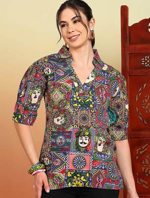 Women multicolor graphic printed mandarin collar cotton casual slim fit shirt 1