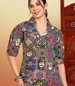 Women multicolor graphic printed mandarin collar cotton casual slim fit shirt