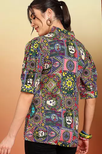 Women multicolor graphic printed mandarin collar cotton casual slim fit shirt