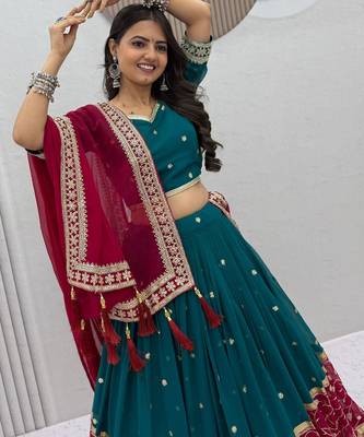 Festive Teal Blue  Georgette Chaniya Choli For Navratri Set with Thread and Sequence Work 3