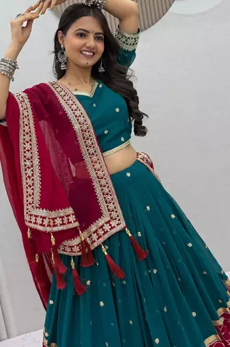 Festive Teal Blue  Georgette Chaniya Choli For Navratri Set with Thread and Sequence Work