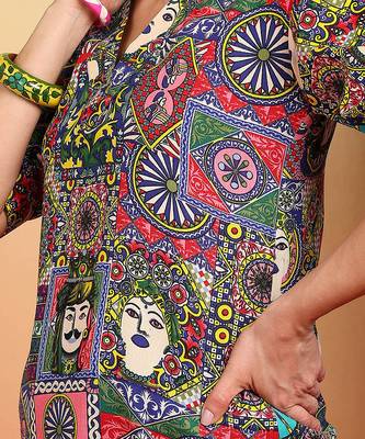 Women multicolor graphic printed mandarin collar cotton casual slim fit shirt 3
