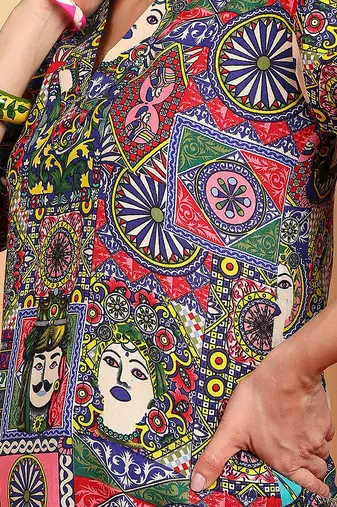 Women multicolor graphic printed mandarin collar cotton casual slim fit shirt
