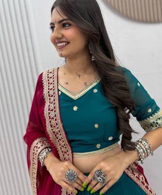 Festive Teal Blue  Georgette Chaniya Choli For Navratri Set with Thread and Sequence Work 4