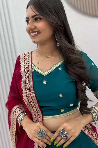 Festive Teal Blue  Georgette Chaniya Choli For Navratri Set with Thread and Sequence Work