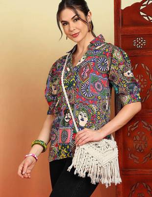 Women multicolor graphic printed mandarin collar cotton casual slim fit shirt 5