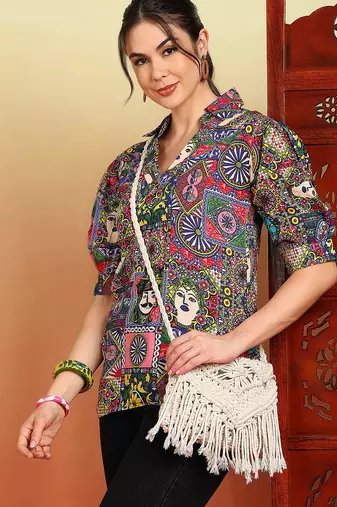 Women multicolor graphic printed mandarin collar cotton casual slim fit shirt