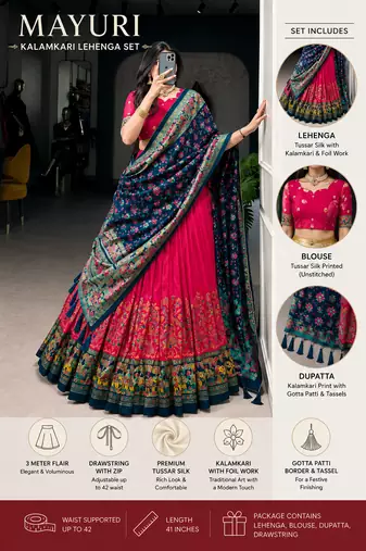 Red Kalamkari Print Tussar Silk blend  Lehenga Choli with Foil Work & Gotta Patti Dupatta