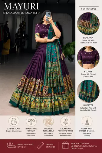 Green Kalamkari Print Tussar Silk blend  Lehenga Choli with Foil Work & Gotta Patti Dupatta