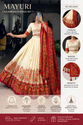 Women's Cream Kalamkari Print Tussar Silk Semi-Stitched Lehenga Choli with Foil Work & Gotta Patti Dupatta 4