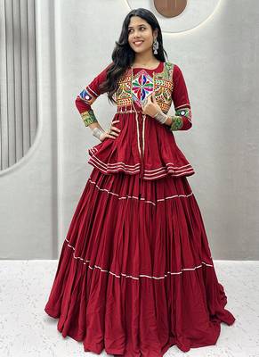 Maroon Navratri Gamthi Work Cotton Blend Lehenga Choli with Designer Koti For Garba 1