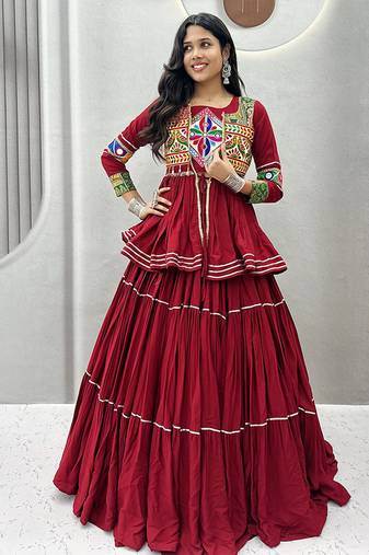 Maroon Navratri Gamthi Work Cotton Blend Lehenga Choli with Designer Koti For Garba