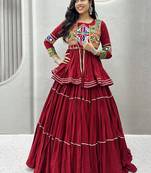 Maroon Navratri Gamthi Work Cotton Blend Lehenga Choli with Designer Koti For Garba
