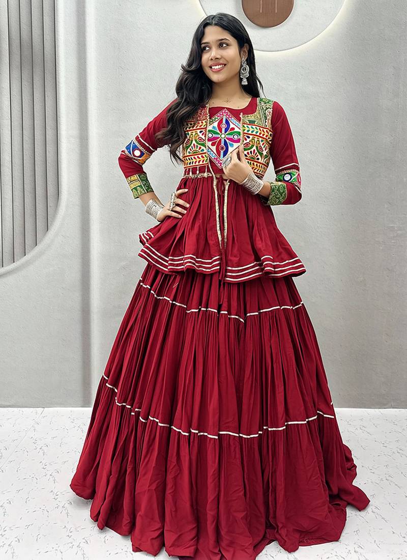 Maroon Navratri Gamthi Work Cotton Blend Lehenga Choli with Designer Koti For Garba