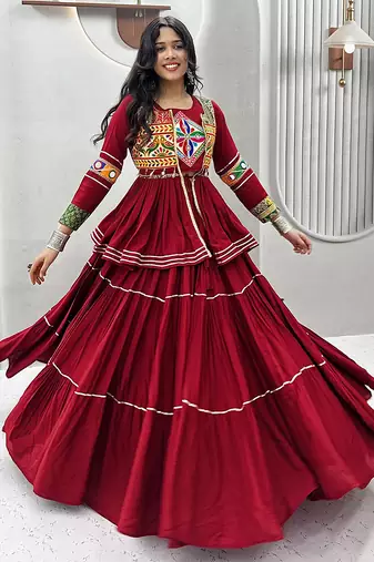 Maroon Navratri Gamthi Work Cotton Blend Lehenga Choli with Designer Koti For Garba