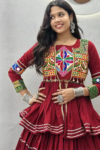 Maroon Navratri Gamthi Work Cotton Blend Lehenga Choli with Designer Koti For Garba