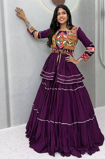Purple Navratri Gamthi Work Cotton Blend Lehenga Choli with Designer Koti For Garba