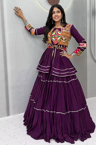 Purple Navratri Gamthi Work Cotton Blend Lehenga Choli with Designer Koti For Garba