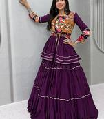 Purple Navratri Gamthi Work Cotton Blend Lehenga Choli with Designer Koti For Garba
