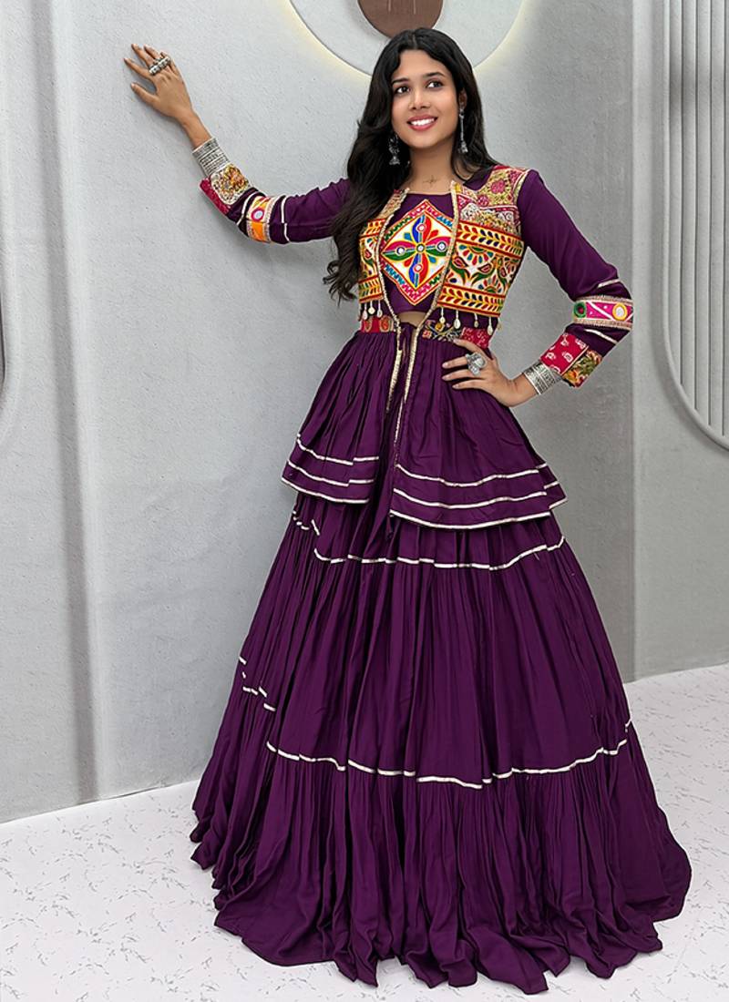 Purple Navratri Gamthi Work Cotton Blend Lehenga Choli with Designer Koti For Garba