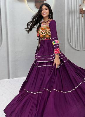 Purple Navratri Gamthi Work Cotton Blend Lehenga Choli with Designer Koti For Garba 2