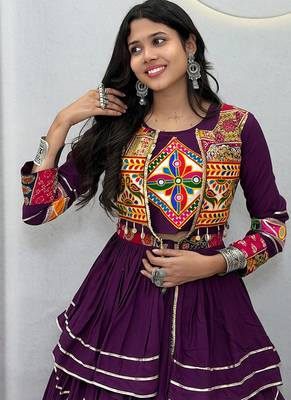 Purple Navratri Gamthi Work Cotton Blend Lehenga Choli with Designer Koti For Garba 3
