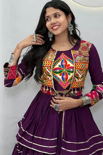 Purple Navratri Gamthi Work Cotton Blend Lehenga Choli with Designer Koti For Garba