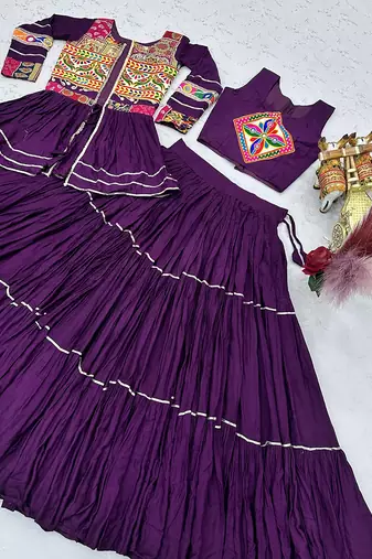 Purple Navratri Gamthi Work Cotton Blend Lehenga Choli with Designer Koti For Garba