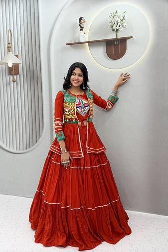 Rust Orange Navratri Gamthi Work Cotton Blend Lehenga Choli with Designer Koti For Garba