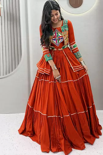 Rust Orange Navratri Gamthi Work Cotton Blend Lehenga Choli with Designer Koti For Garba