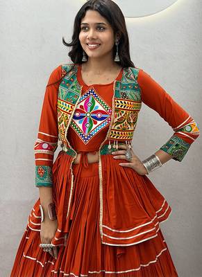 Rust Orange Navratri Gamthi Work Cotton Blend Lehenga Choli with Designer Koti For Garba 3