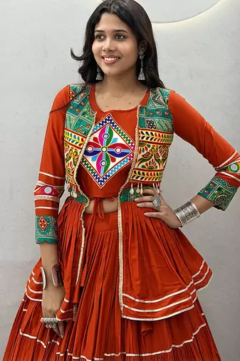Rust Orange Navratri Gamthi Work Cotton Blend Lehenga Choli with Designer Koti For Garba