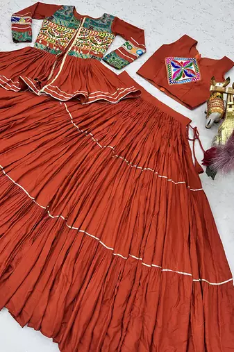 Rust Orange Navratri Gamthi Work Cotton Blend Lehenga Choli with Designer Koti For Garba