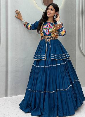 Teal Blue Navratri Gamthi Work Cotton Blend Lehenga Choli with Designer Koti For Garba 1