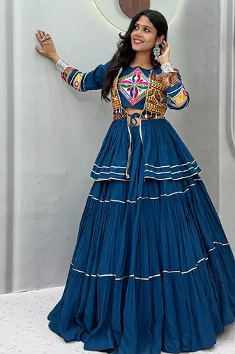 Teal Blue Navratri Gamthi Work Cotton Blend Lehenga Choli with Designer Koti For Garba