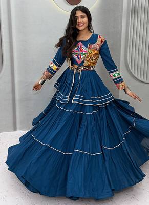 Teal Blue Navratri Gamthi Work Cotton Blend Lehenga Choli with Designer Koti For Garba 2