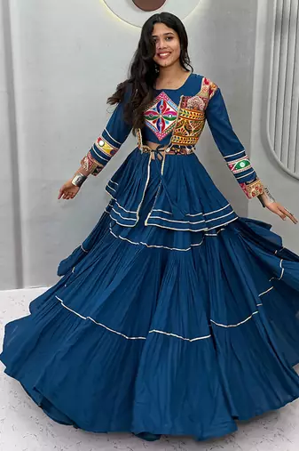 Teal Blue Navratri Gamthi Work Cotton Blend Lehenga Choli with Designer Koti For Garba
