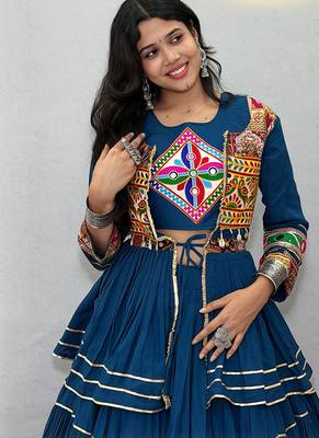 Teal Blue Navratri Gamthi Work Cotton Blend Lehenga Choli with Designer Koti For Garba 3
