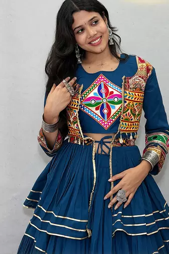 Teal Blue Navratri Gamthi Work Cotton Blend Lehenga Choli with Designer Koti For Garba