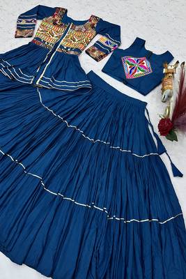 Teal Blue Navratri Gamthi Work Cotton Blend Lehenga Choli with Designer Koti For Garba 4