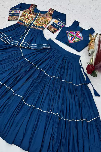 Teal Blue Navratri Gamthi Work Cotton Blend Lehenga Choli with Designer Koti For Garba