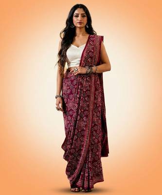 Burgundy ajrakh printed cotton saree 1