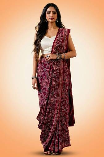 Burgundy ajrakh printed cotton saree