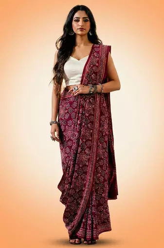 Burgundy ajrakh printed cotton saree