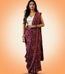 Burgundy ajrakh printed cotton saree