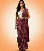 Burgundy ajrakh printed cotton saree