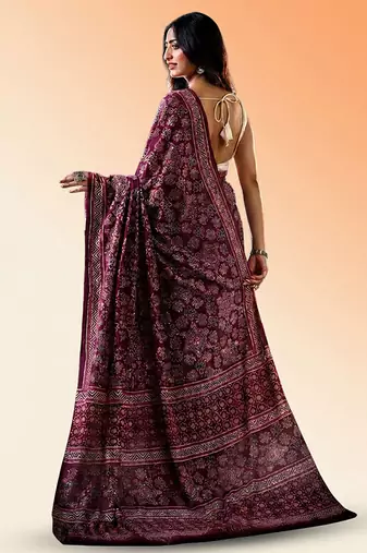 Burgundy ajrakh printed cotton saree