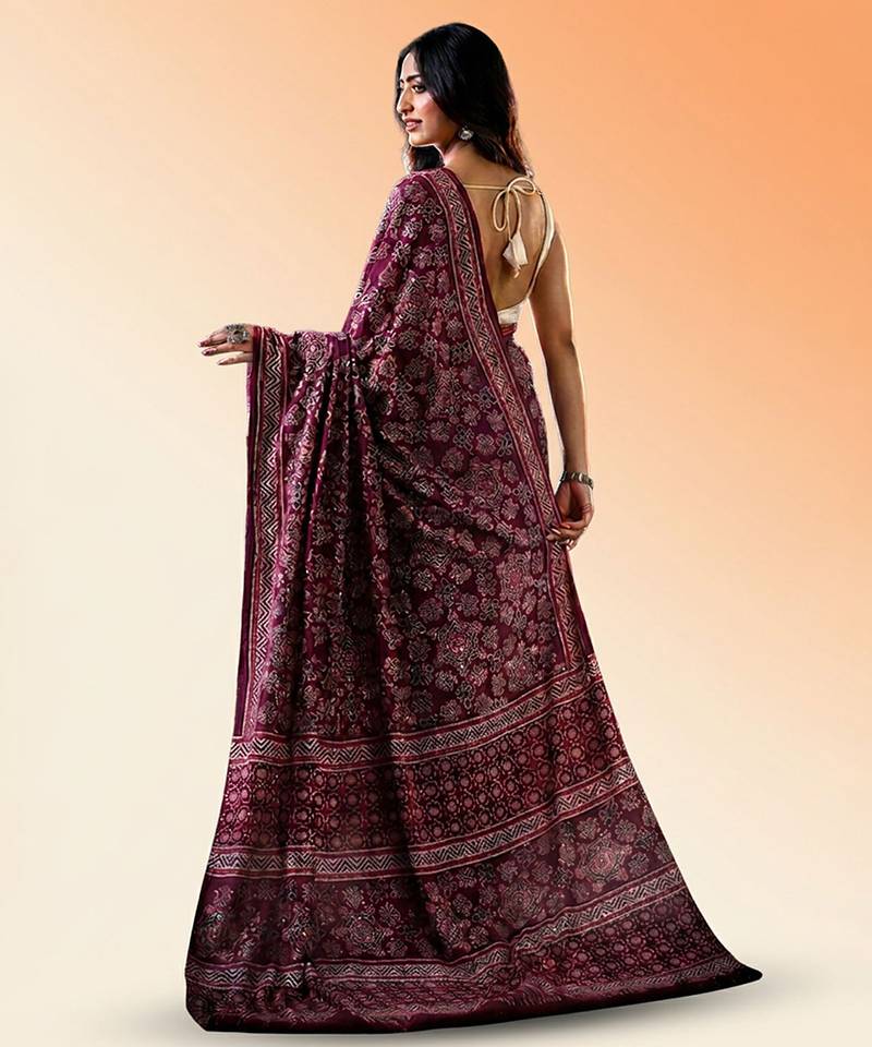 Burgundy ajrakh printed cotton saree